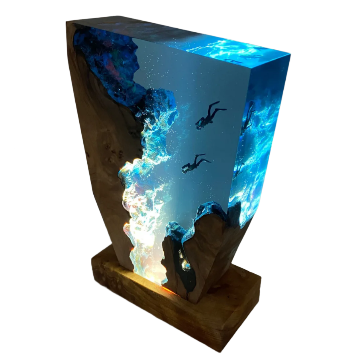 Fitlybuy handmade epoxy ocean lamp featuring a wood base, blue resin water, and miniature divers with soft glow lighting.