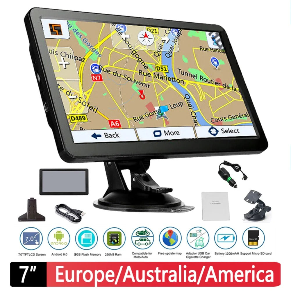 Fitlybuy 7-inch truck GPS navigation system with map display, suction mount, accessories, and technical feature icons.