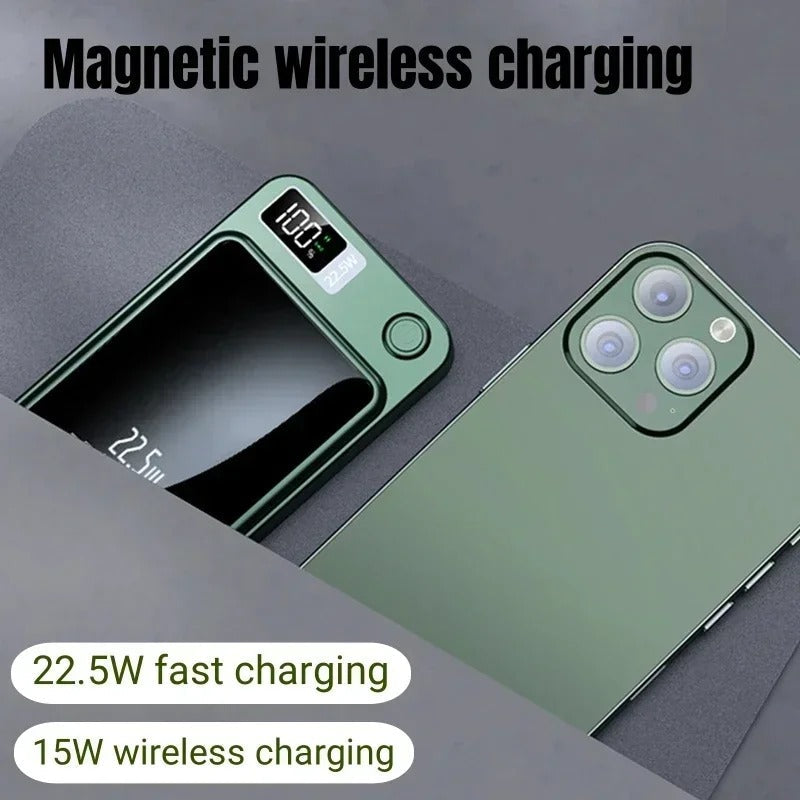 Green Fitlybuy FasterCharge Pro magnetic power bank with digital display charging a matching green smartphone.