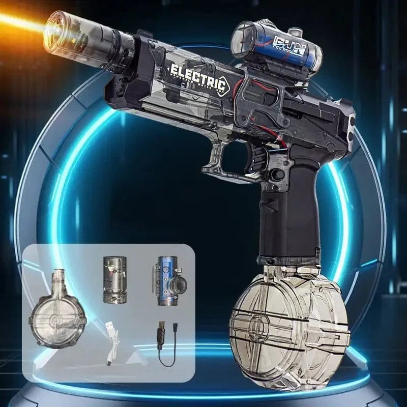 Fitlybuy electric water gun in clear black with drum magazine, scope, and accessories against a glowing neon background.