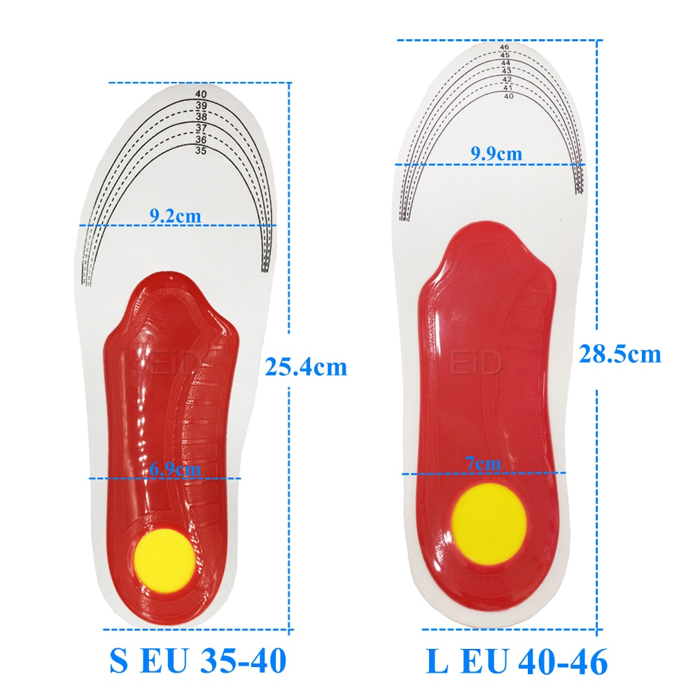 Fitlybuy orthotic insoles with red gel heel support, yellow cushion, and size guide dimensions for S and L variants.