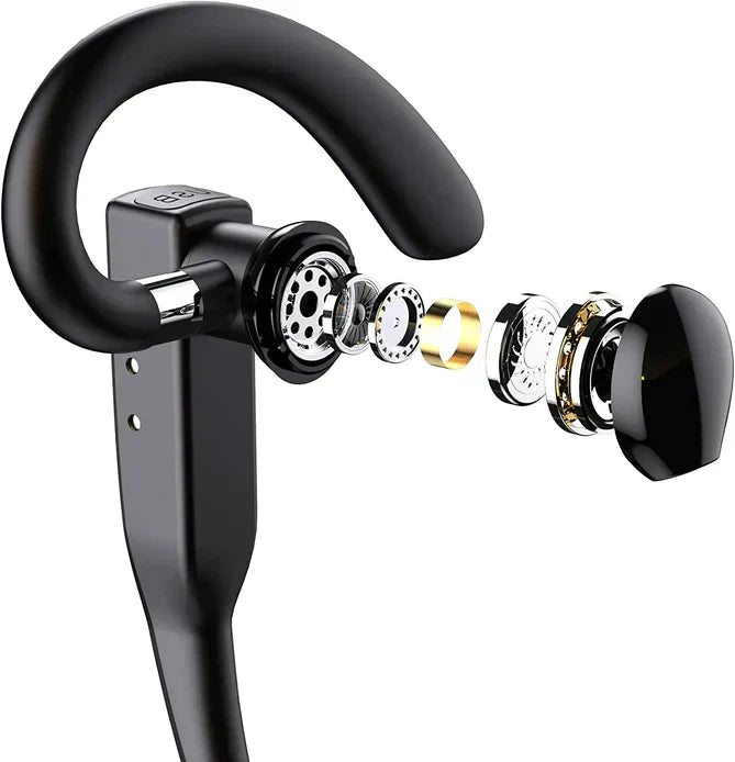 Black Fitlybuy Bluetooth headset with an exploded view revealing the internal audio components and SoundShield technology.