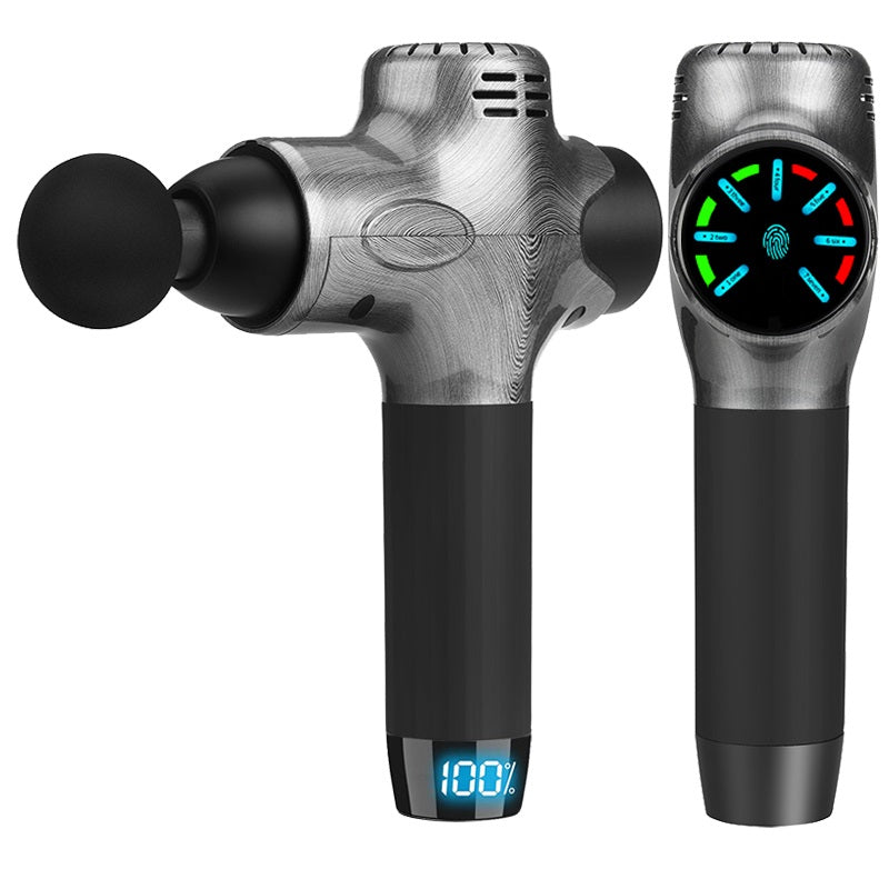 Fitlybuy ProMax silver massage gun with black handle, ball attachment, digital battery display, and LED touchscreen.