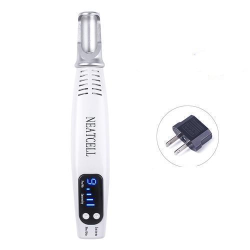 White Fitlybuy Picosecond laser pen for tattoo removal with digital display and a separate power plug adapter.