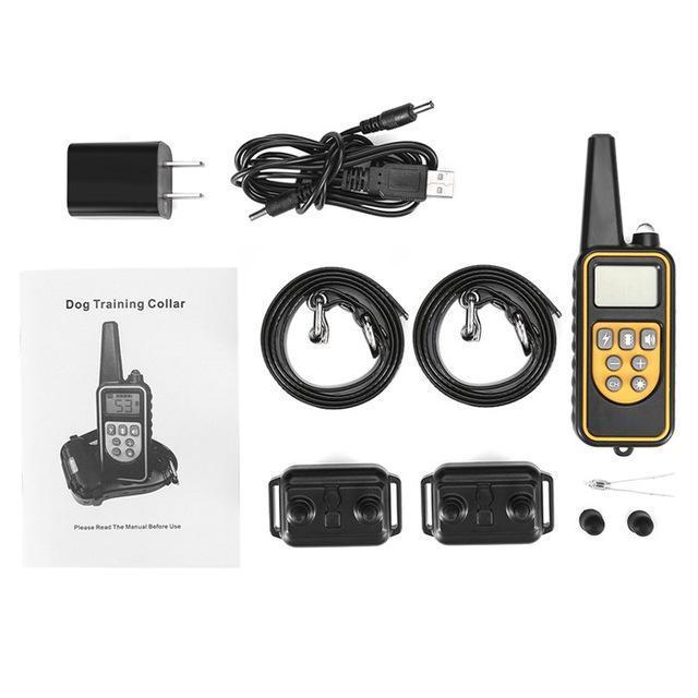 Fitlybuy waterproof dog training collar set: includes remote, two black receiver collars, manual, and charging cables.
