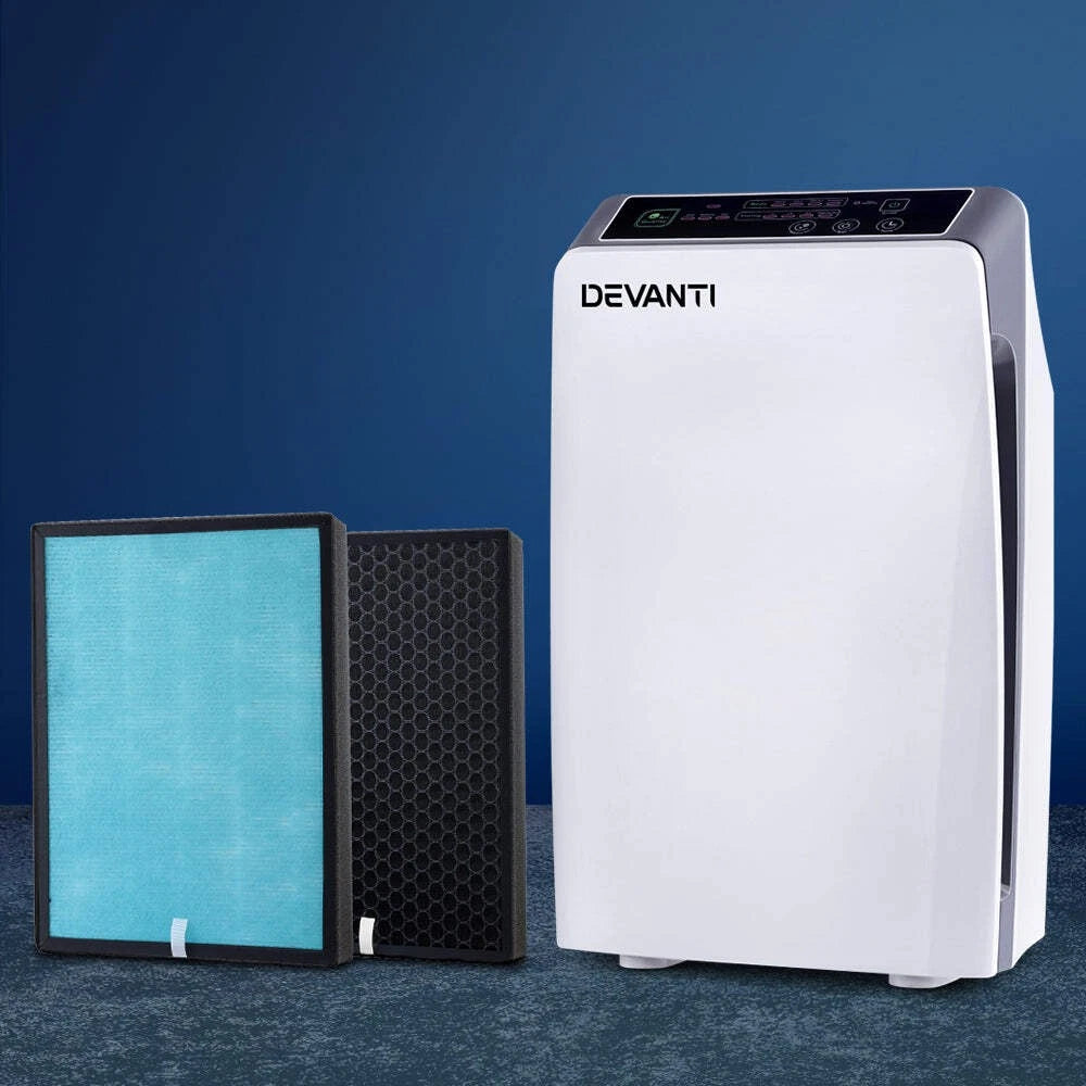 White Devanti 4-stage HEPA air purifier with digital touch panel next to blue and black carbon filter panels.