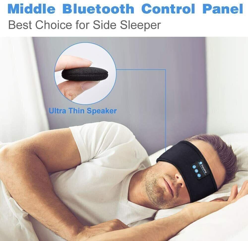 Fitlybuy black Bluetooth sports headband with ultra-thin speakers, worn by a man sleeping comfortably in bed.