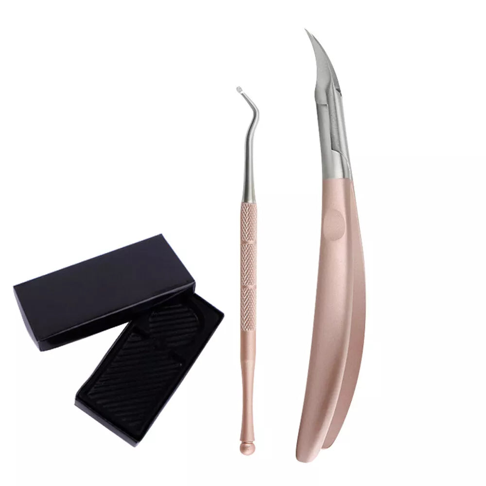 Fitlybuy rose gold toenail clipper and ingrown nail lifter set with black storage case against a white background.