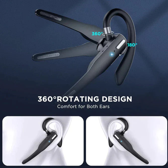 Black Fitlybuy RoadMic Pro wireless headset with 360-degree rotating boom mic, shown on left and right ears.