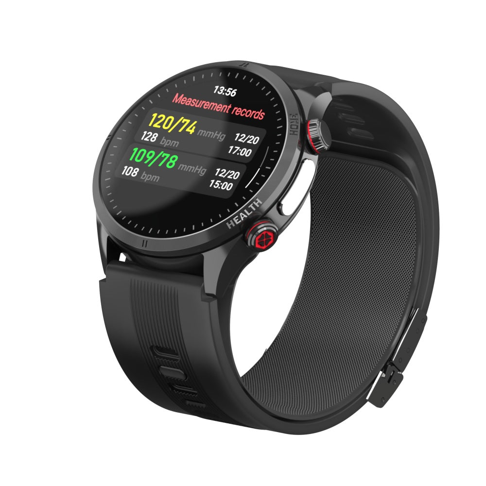 Fitlybuy Kexi-Life Max 5 black smartwatch with health data on screen, featuring blood pressure and heart rate monitoring.