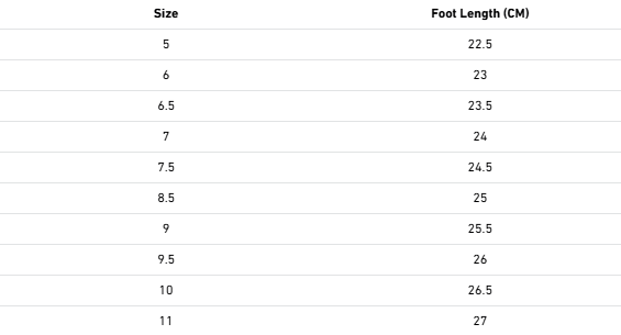 Size chart for Fitlybuy Women's Orthopedic Shoes listing shoe sizes 5 through 11 with corresponding foot length in CM.