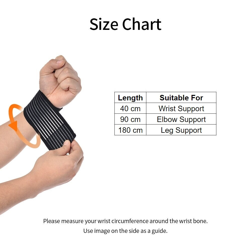 Fitlybuy elastic compression bandage size chart showing length options for wrist, elbow, and leg support.