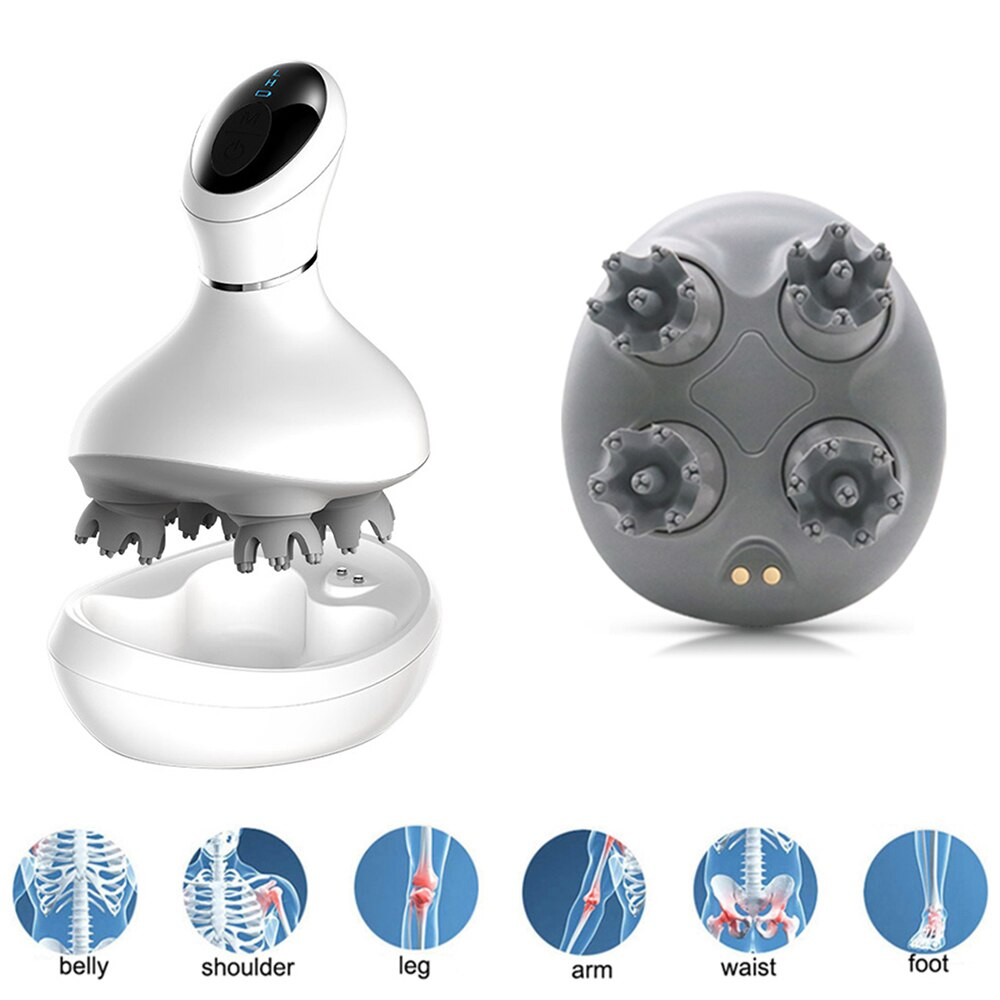 Fitlybuy white and grey handheld electric scalp massager with charging base and four rotating massage heads.
