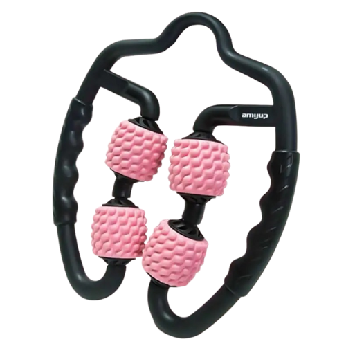 Black U-shaped massage roller with four textured pink foam rollers and ergonomic handles for trigger point relief.