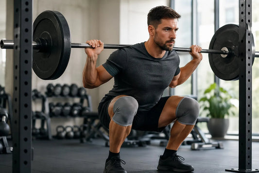 Person doing a barbell squat wearing knee compression braces in a gym