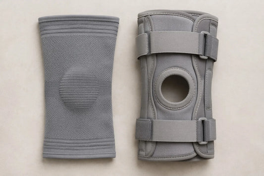 A knee compression sleeve and a structured knee brace laid side by side for comparison