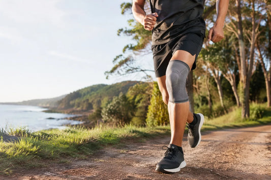 Active person wearing a knee compression sleeve jogging outdoors in Australia