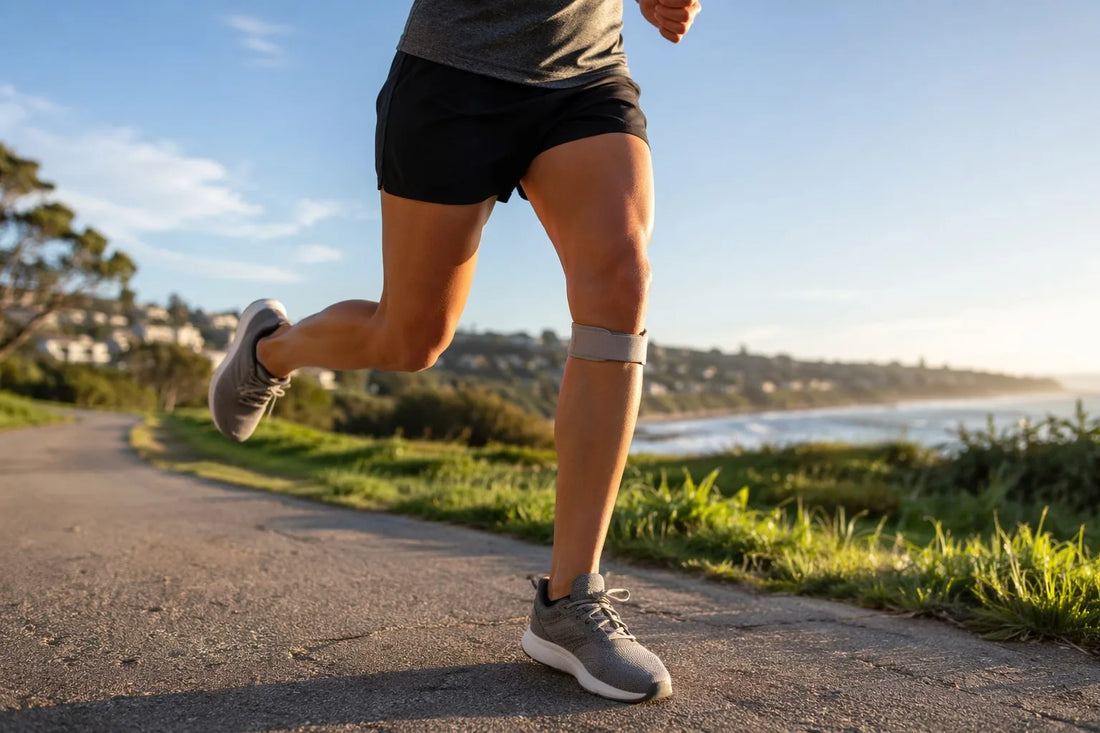 Runner wearing a patella knee strap running on a coastal path at sunrise