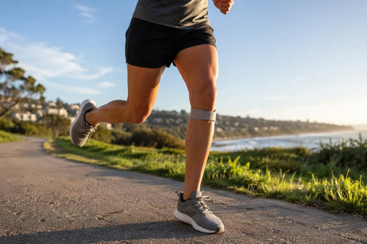 Runner wearing a patella knee strap running on a coastal path at sunrise