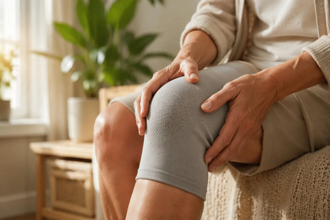 Person resting hand on a knee wearing a compression sleeve for arthritis relief at home