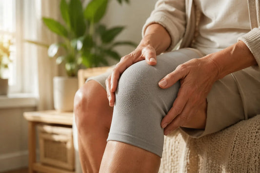 Person resting hand on a knee wearing a compression sleeve for arthritis relief at home