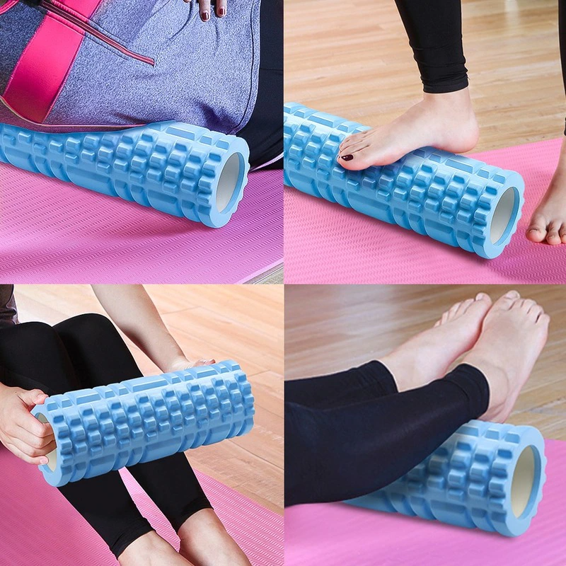 Fitlybuy blue Yoga Foam Roller with textured FlexTech grid for muscle recovery, shown in use on a pink yoga mat.