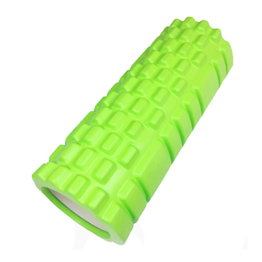 Bright green Fitlybuy foam roller with a textured FlexTech grid pattern for targeted muscle massage.
