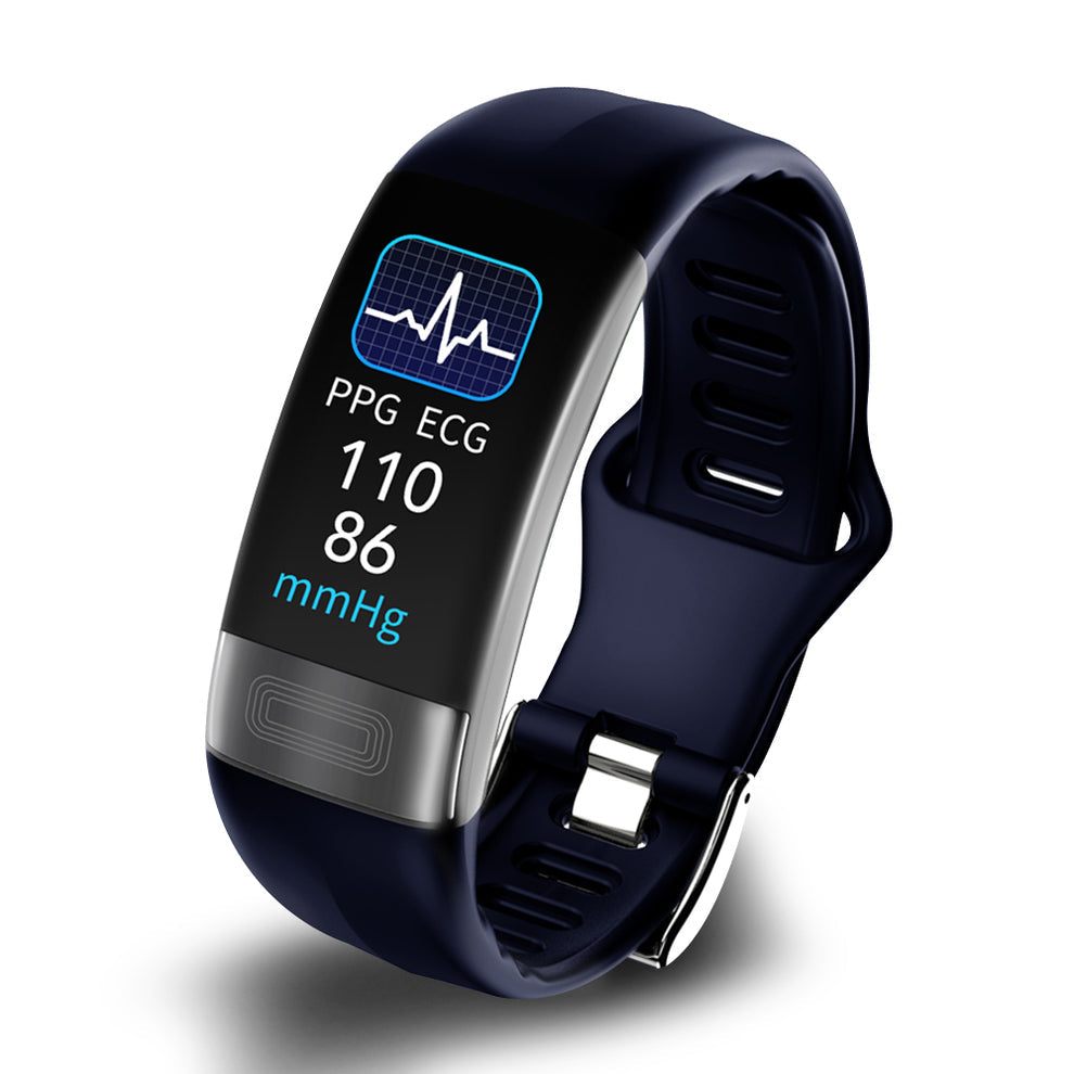 Fitlybuy Kexi-Life P11 dark blue smart bracelet showing an ECG waveform and blood pressure reading on its digital screen.