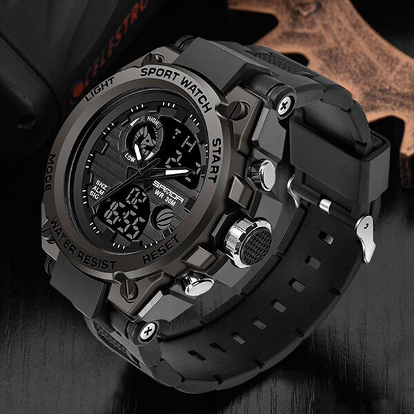 Black Fitlybuy TitanGuard rugged military sports watch with analog and digital display on a dark textured background.