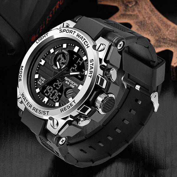 Fitlybuy TitanGuard: A rugged black and silver analog-digital military watch with side buttons and a resin strap.