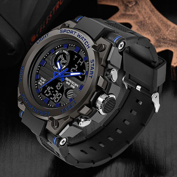 Fitlybuy TitanGuard men's rugged military watch. Black analog-digital timepiece with blue accents on a dark surface.