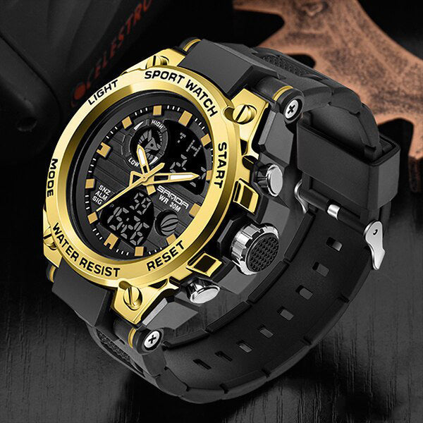Fitlybuy TitanGuard men's rugged black and gold military watch with analog and digital display on a dark surface.