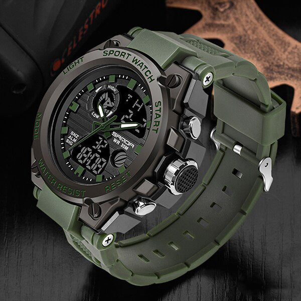 Fitlybuy TitanGuard olive green military watch featuring a rugged analog-digital display and textured resin strap.