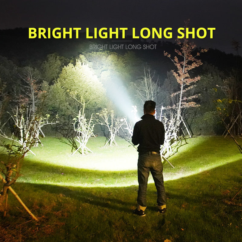 Person in dark park using a powerful, bright rechargeable Fitlybuy LED flashlight to illuminate trees at night.