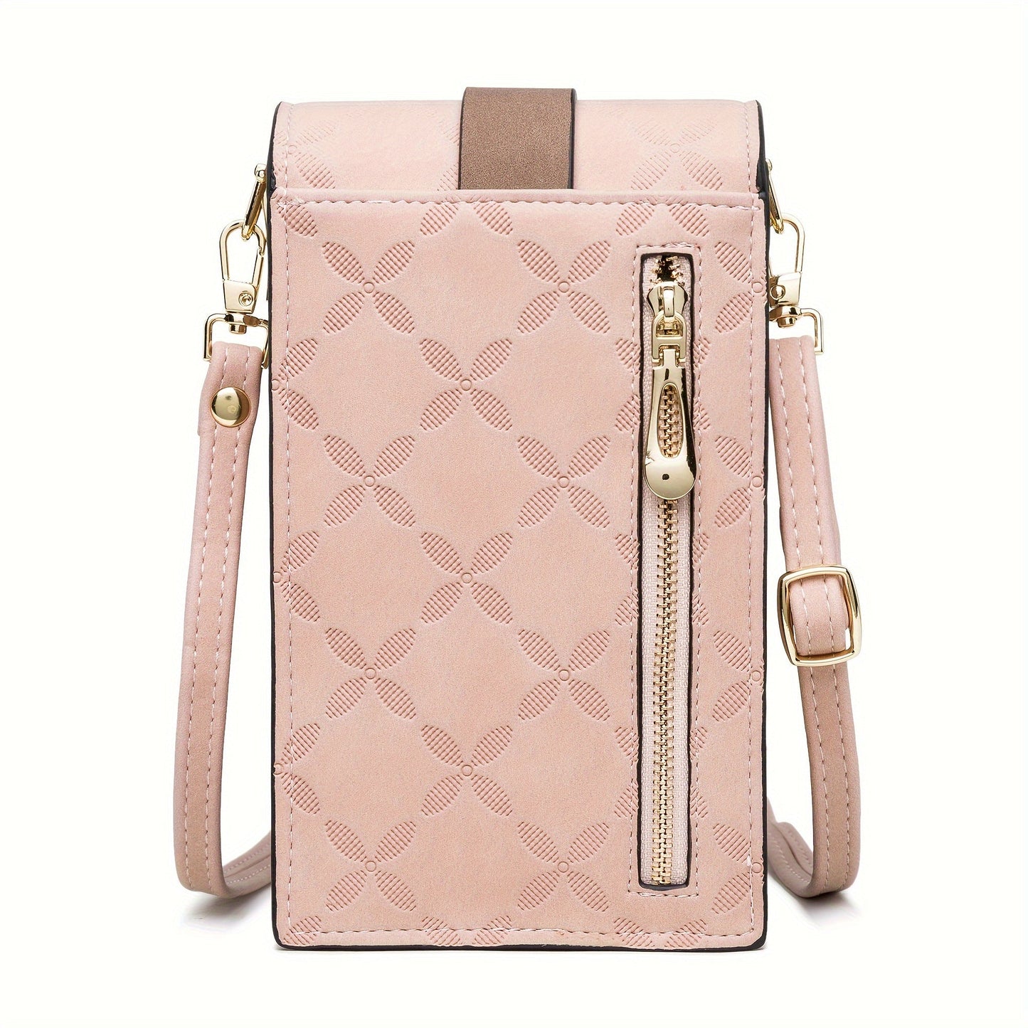 Fitlybuy Lily light pink anti-theft crossbody bag with gold zipper, floral embossed texture, and adjustable strap.