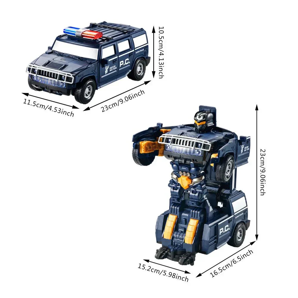 Fitlybuy 2-in-1 navy blue police car and robot toy with measurements shown for both vehicle and robot modes.