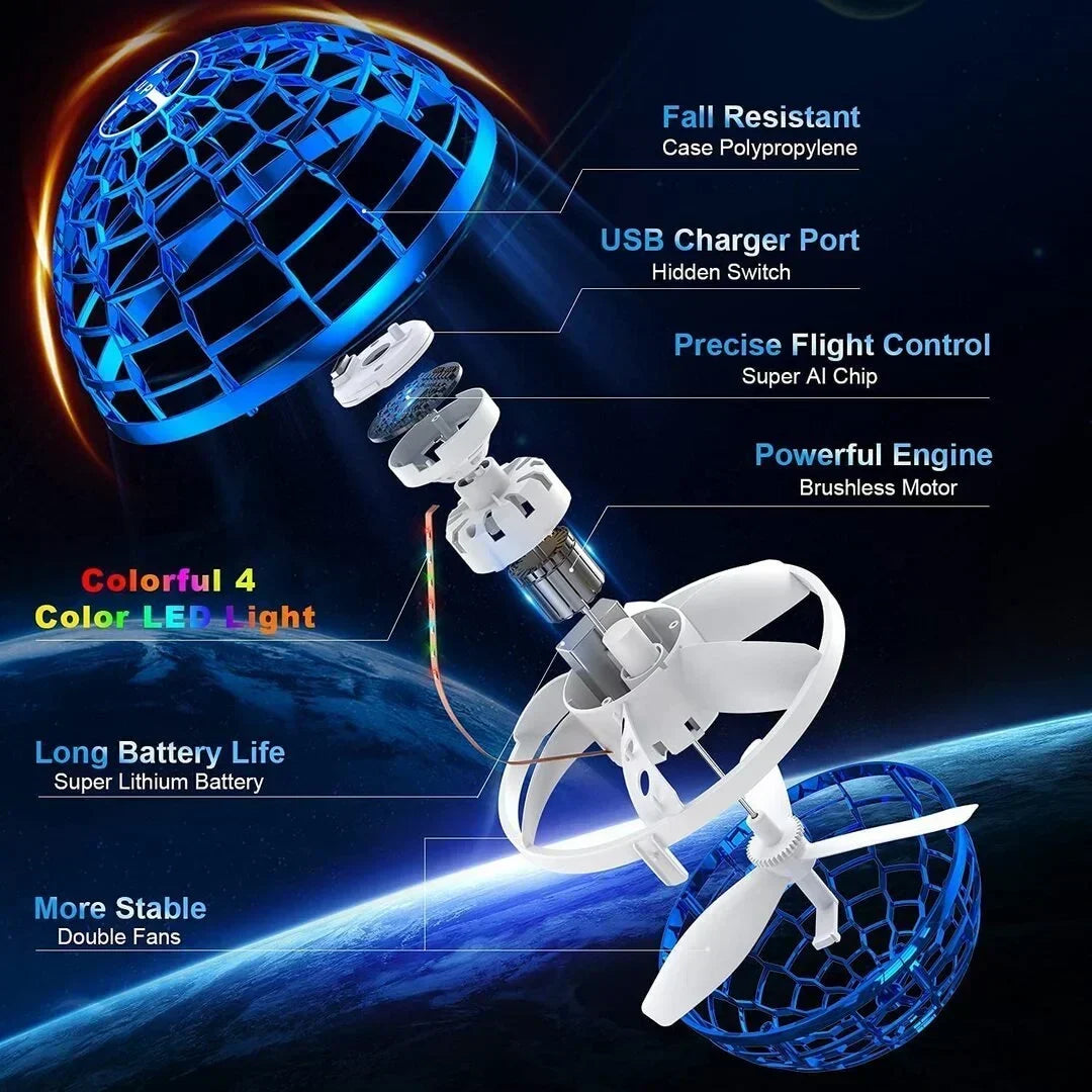 Exploded view of blue Fitlybuy boomerang hover ball showing LED lights, brushless motor, and internal components.