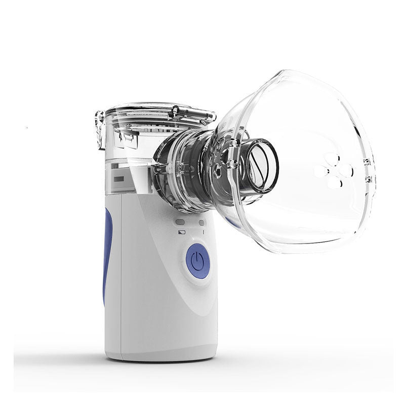Fitlybuy handheld portable white and blue nebulizer with a clear mask attachment, isolated on a white background.
