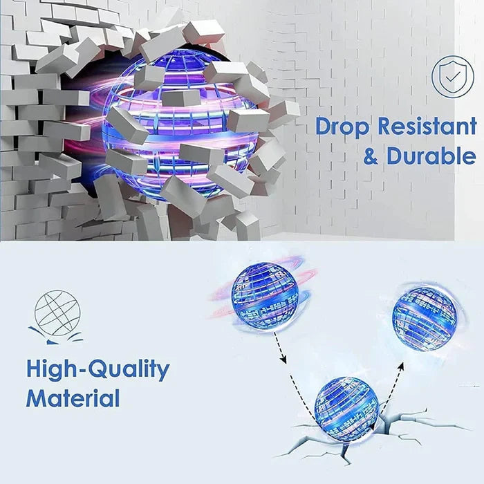 Fitlybuy blue LED hover ball crashing through a wall, highlighting its durable, drop-resistant design and flight motion.