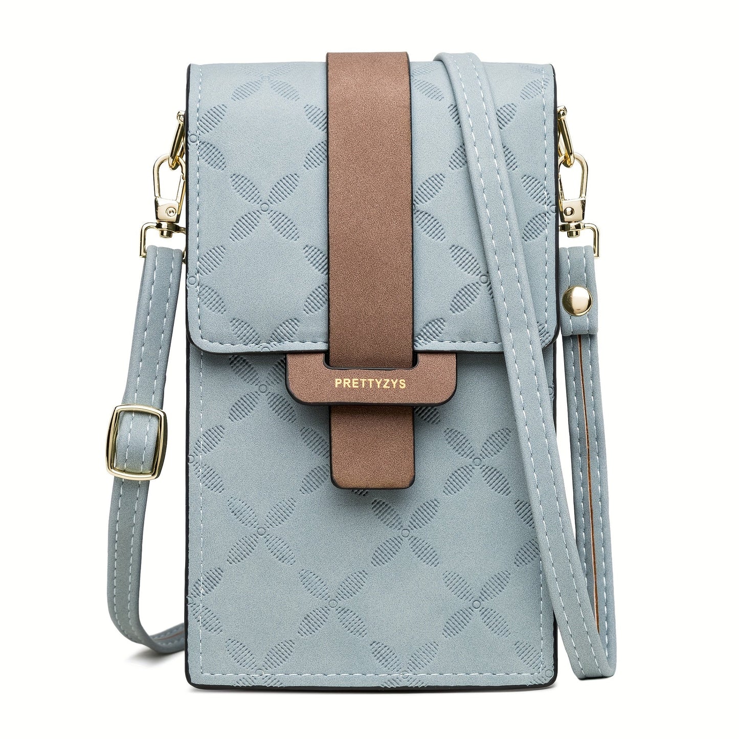 Fitlybuy Lily light blue anti-theft crossbody bag with floral pattern, brown accent strap, and gold hardware.