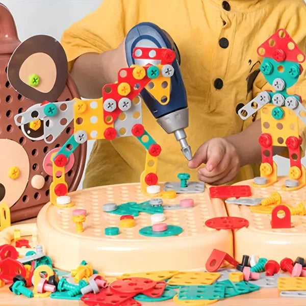 Child building colorful plastic toy animal and robot with a toy drill using Fitlybuy WonderBuild Montessori STEM kit.