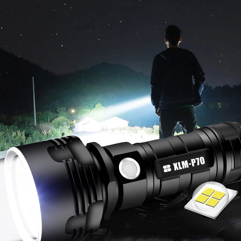 Black high-power Fitlybuy LED flashlight with XLM-P70 chip, shown casting a bright beam at night.
