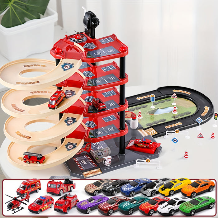 Fitlybuy FirePark multi-level red garage playset with spiral ramps, toy fire trucks, and traffic signs on a table.