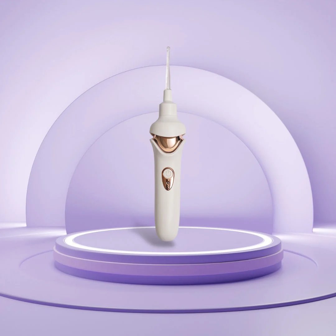 Fitlybuy painless ear wax removal tool with white and rose gold finish on a purple studio display pedestal.