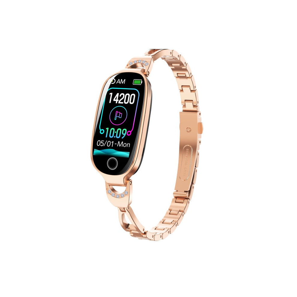 Rose gold diamond-accented health smartwatch with digital display showing steps, time, and date. Isolated on white.