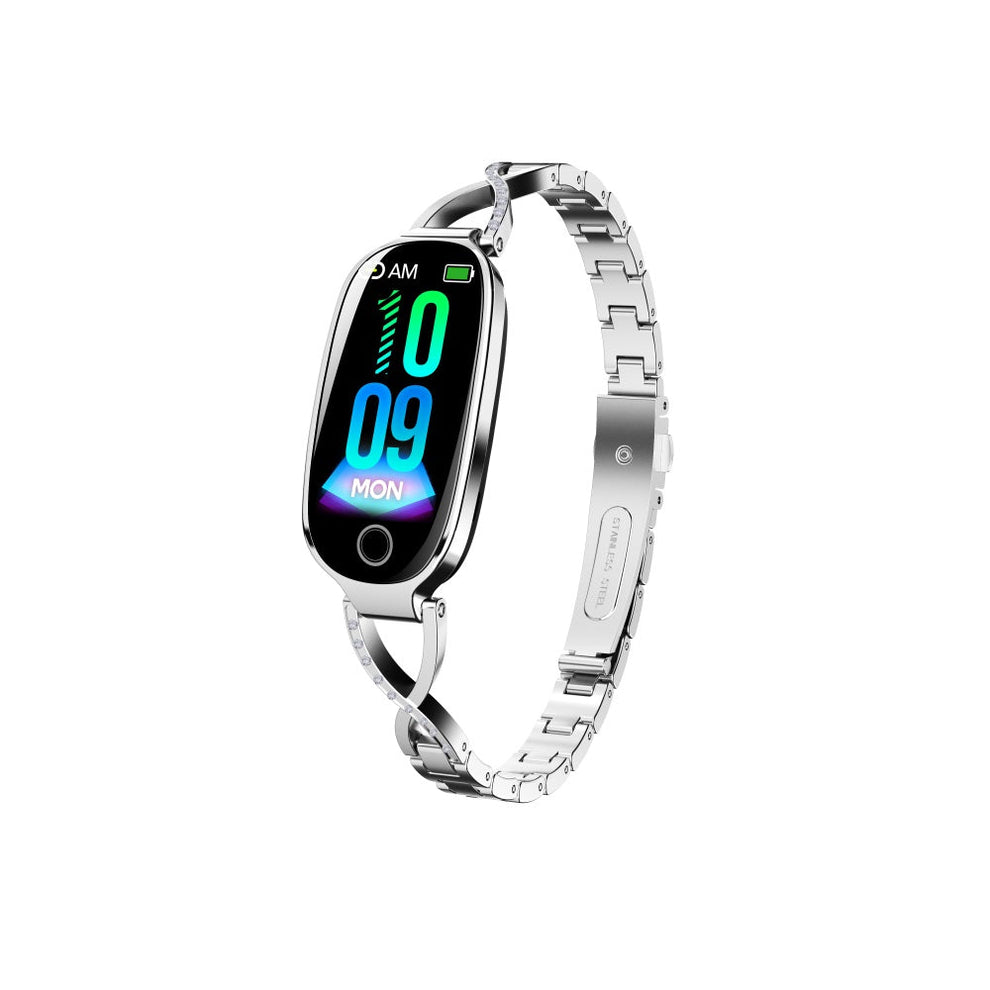 Silver diamond-accented luxury smartwatch with digital display and stainless steel link band for health tracking.