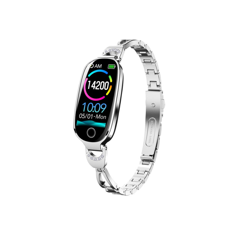 Fitlybuy Kexi-Life silver luxury smartwatch with diamond-accented band, health tracking, and digital display on white.