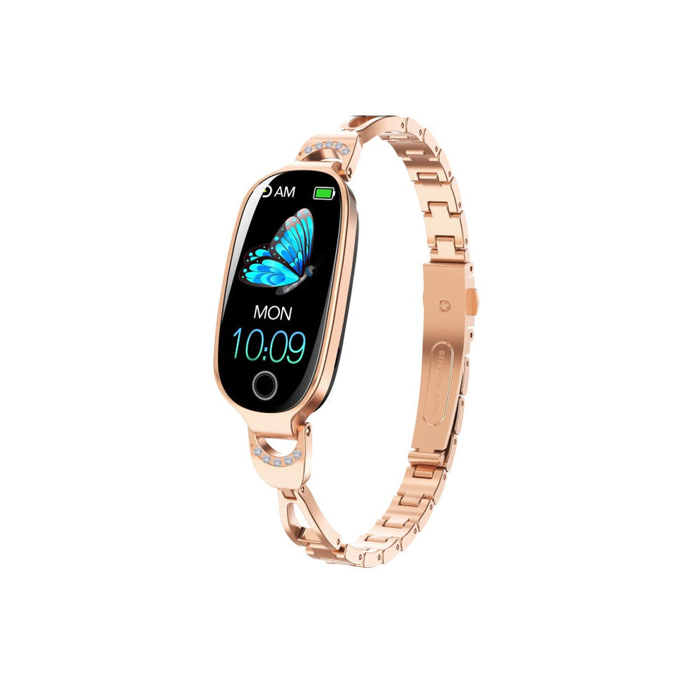 Rose gold smartwatch with diamond-accented links, oval face featuring a butterfly display and health tracking interface.