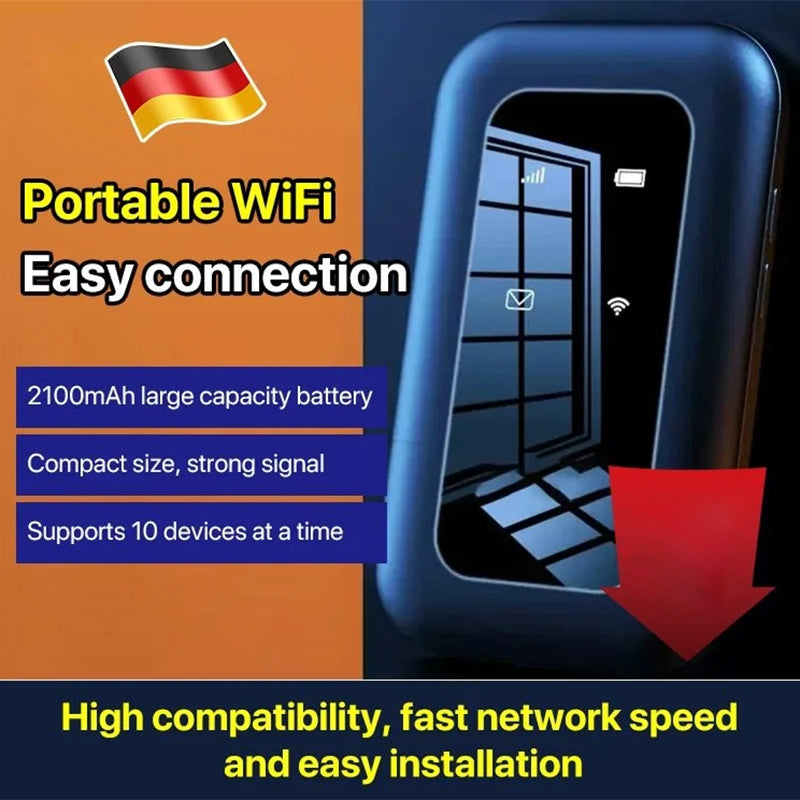Fitlybuy WiFi Pro: A compact, blue portable WiFi booster with signal and battery status display. Supports 10 devices.