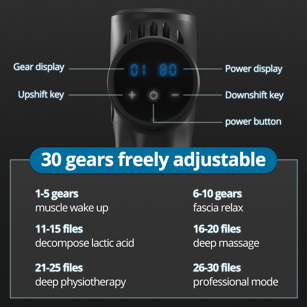 Fitlybuy ProMassage X1: Black massage gun with digital display, touch controls, and 30 adjustable percussion speed levels.
